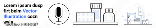 Communication, telemedicine, e-learning, medication, healthcare, urban planning. Microphone icon, medicine bottles and buildings in clean style. Communication and telemedicine visually