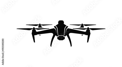 A detailed black silhouette of a modern quadcopter drone with extended arms and propellers silhouette high quality professional