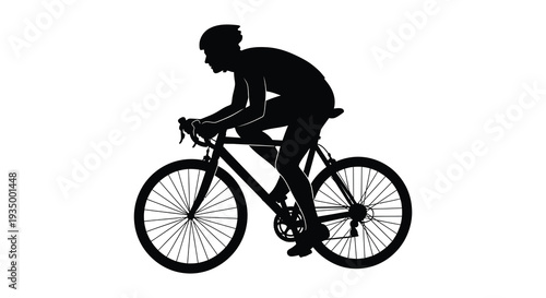 A dynamic black silhouette depicts a cyclist in motion leaning into a turn on a road bike silhouette