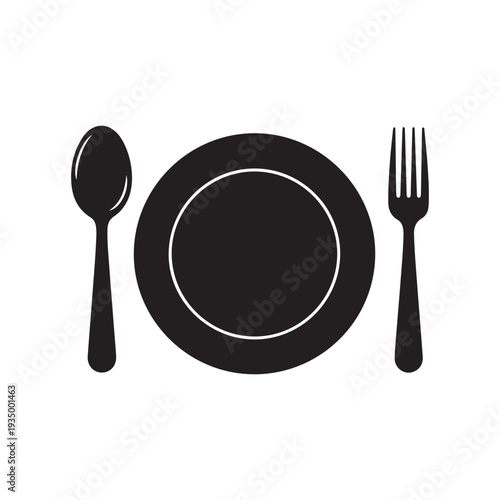 Restaurant Table Setting Icon with Plate Spoon and Fork Silhouette