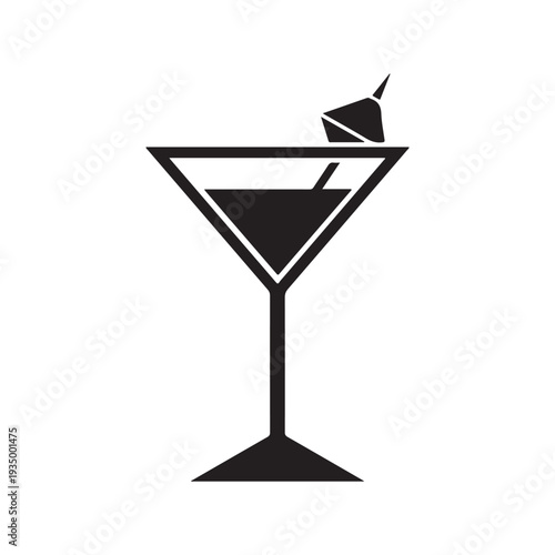 Cocktail Glass Silhouette Icon with Garnish Minimal Black Drink Symbol