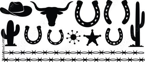 Western cowboy elements silhouette set with hat bull skull horseshoe cactus sheriff star and barbed wire vector icons