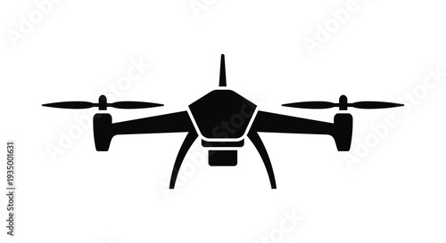 A stark black drone is depicted from a top down perspective showcasing its aerial design silhouette high quality professional