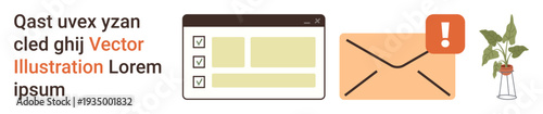 Notification systems, organization, email marketing, workflow management, online communication, minimalistic design. Includes checklist, envelope with alert icon and potted plant. Email notification