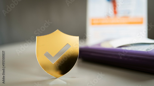 Golden shield icon with check mark on desk with blurred documents. Concept of security, insurance, data protection, privacy policy, and quality guarantee in financial or business service.