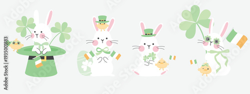 St Patrick's Day Cute Bunny Illustration with Shamrock Clover, Irish Hat and Lucky Symbols Set