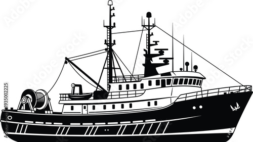 boat, ship, fishing, trawler, vessel, marine, industrial, commercial, ocean, sea, nautical, transport, vector, illustration, isolated, fishing boat, motor vessel, ship silhouette, marine transport, in