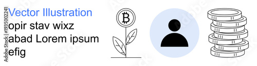 Cryptocurrency, fintech, identity, blockchain, economic growth, investment. Bitcoin symbol on plant, user icon coin stack. Cryptocurrency and fintech concepts through symbols and growth
