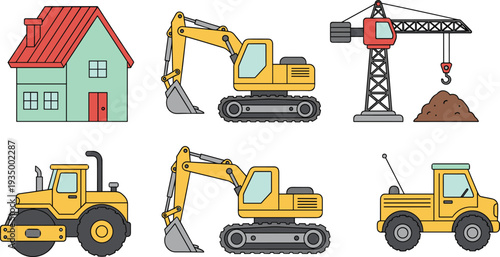 Flat vector construction vehicle set with yellow excavator, heavy machinery crane, road roller, industrial truck, and residential house icon for building industry and educational project design.