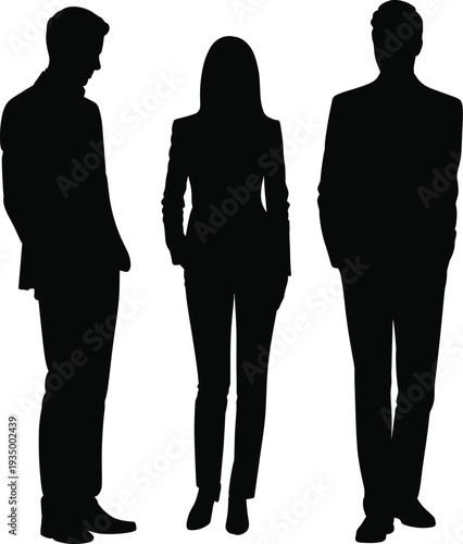 Black silhouettes of professional business people group standing in formal suits isolated on white background for corporate teamwork and leadership success concept designs.