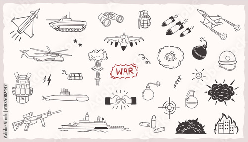 war military hand drawn doodle sketch vector illustration elements collection set
