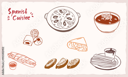 spanish cuisine food hand drawn illustration sketch collection set