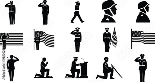 Military veteran silhouettes set with soldiers saluting american flag kneeling in prayer and honoring fallen heroes for memorial day veterans day and patriotic national holiday.