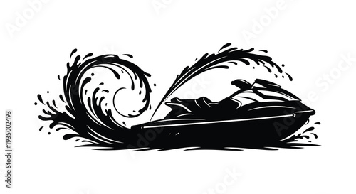 A dynamic black silhouette of a jet ski surging through swirling water creating a dramatic silhouette high quality