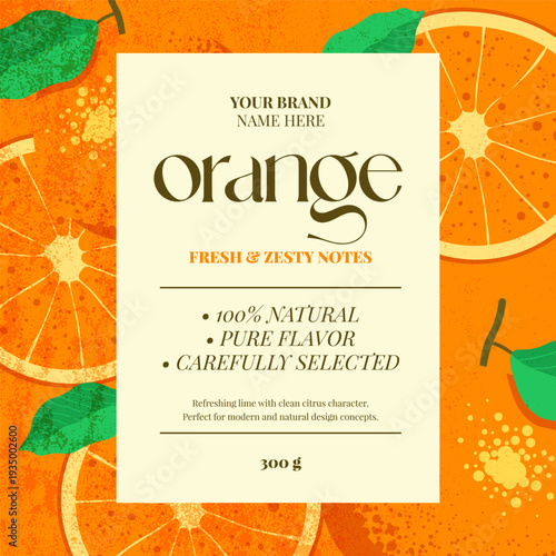 Orange label design with citrus, slices, leaves. Fresh orange template for juice packaging, food products, marmalade, organic goods, cafe branding. Vector illustration
