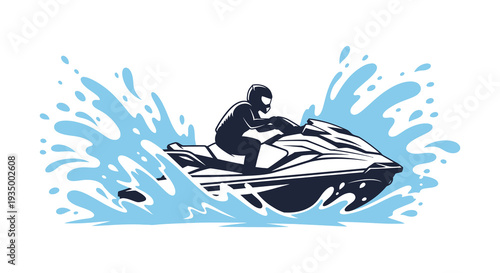 A dynamic illustration of a jet ski rider in motion surrounded by splashing water silhouette high quality professional