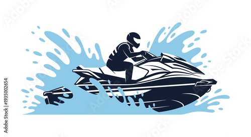 A dynamic illustration of a jet ski rider navigating through splashing waves presented as a silhouette high quality