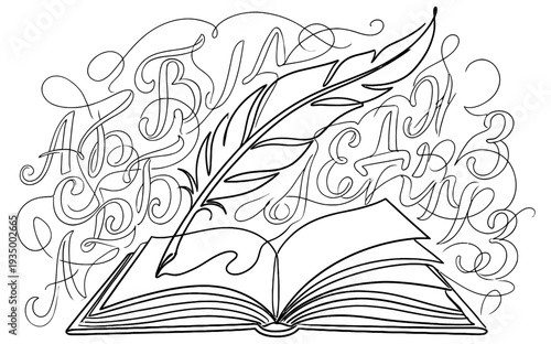 Elegant Literary Monoline Background with Quill Pen and Book.