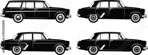 Set of black classic vintage car silhouettes including station wagon and sedan models isolated on white background for retro automotive design and transportation vector projects.