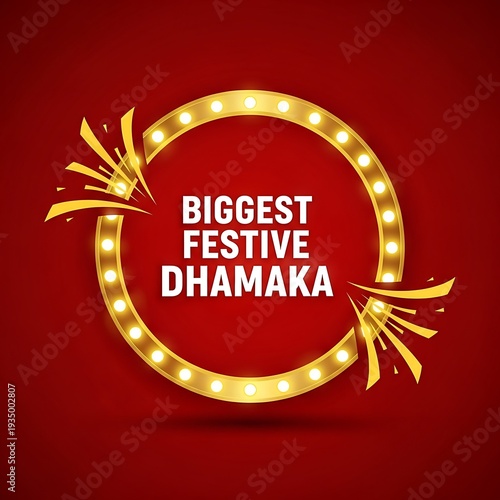 Festive dhamaka celebration with golden lights and red background
