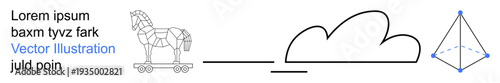 Cybersecurity, internet threats, cloud computing, data safety, hacking, digital systems. Stylized Trojan horse, cloud symbol and pyramid-thumbs up shape. Cybersecurity and data safety