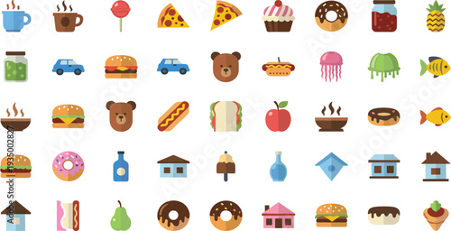 Food and Daily Life Icon Set with Coffee Burger Pizza Donut Jellyfish Fish House and Car Flat Vector Collection.