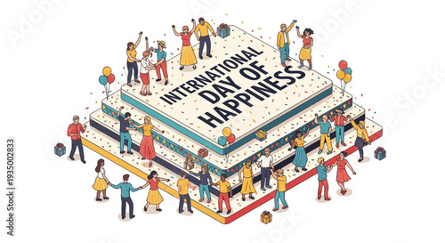 Isometric illustration of diverse people celebrating International Day of Happiness with colorful blocks and joyful expressions on a white background.