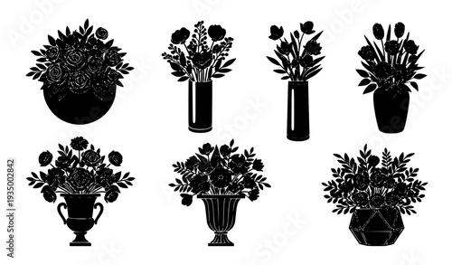 Black Floral Arrangement Silhouettes in Decorative Vases Vector Set
