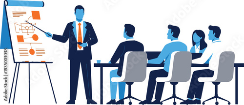 Business presentation with manager pointing at whiteboard, cad drawing flat vector illustration, corporate meeting and training seminar for professional office teams.