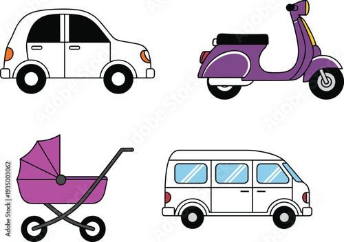 Set of four flat vector illustrations featuring a white car, purple scooter, pink baby stroller, and white passenger van isolated on a plain white background.