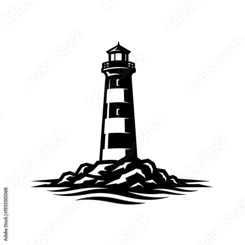 Solid Black Lighthouse Silhouette Standing Firm on Jagged Rocks