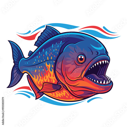 Vibrant and Detailed Piranha Fish Illustration with Open Jaws