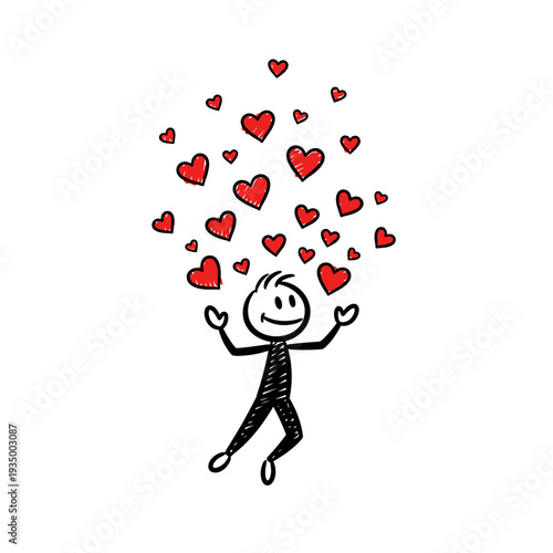 Happy character juggling hearts, perfect for love-themed projects, events, and marketing materials