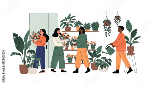 Group of diverse people shopping and working in a bright flower shop filled with various potted plants and fresh floral bouquets.