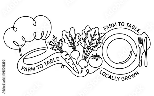 hand drawn vFarm to Table Sustainable Cooking Monoline Art Backgroundector illustration of a chef hat