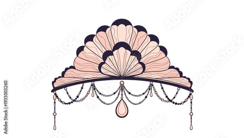 Elegant fan-shaped tiara or hair ornament featuring intricate patterns, hanging pearls, and delicate jewelry chains in a vintage style.