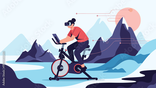 Woman exercising on a stationary bike while wearing a virtual reality headset to experience a scenic ride through a mountain landscape.