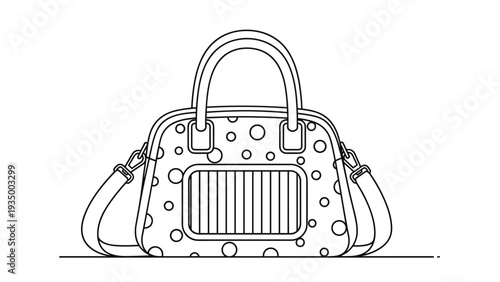 Black and white line art illustration of a stylish handbag with polka dots, a front pocket, and a detachable shoulder strap.