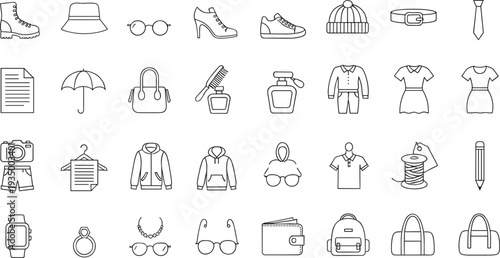 Fashion Clothing Icon Set with Accessories Bags Shoes Eyewear Perfume and Casual Outfit Elements Line Vector Collection