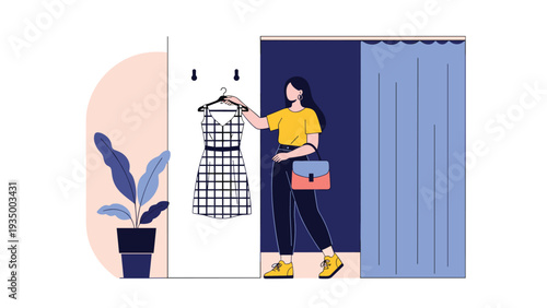 Fashionable woman standing in a fitting room trying on a stylish checkered dress while looking at herself in the mirror.