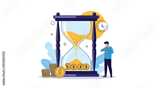 Concept of time management featuring a giant hourglass filled with sand and coins with a man checking his wristwatch.
