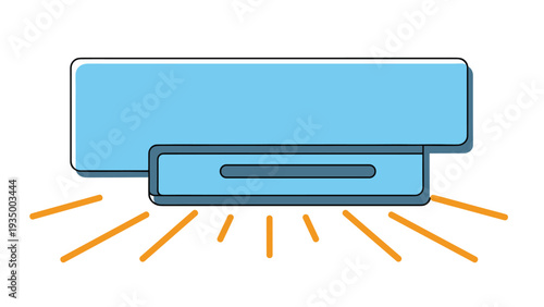 Abstract blue geometric shape or electronic device emitting bright orange light rays from the bottom on a white background.