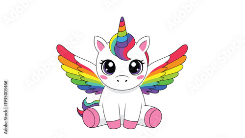 Adorable baby unicorn sitting down featuring a rainbow-colored horn, wings, and tail with large expressive purple eyes.