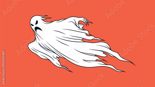 Spooky white ghost figure with a scary face flying through the air against a solid vibrant orange background for halloween.