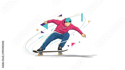 Skilled skateboarder wearing a pink hoodie and blue cap performing a dynamic trick with colorful abstract shapes in the background.