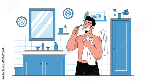 Man with shaving cream on his face using a razor to shave in a blue-toned bathroom with a sink, mirror, and cabinet.