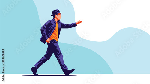 Man dressed in a blue jacket, pants, and hat walking forward with one hand extended against a soft abstract background.