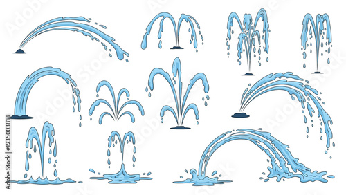 Collection of various water fountain spray patterns and liquid splashes illustrated in a clean cartoon style on white.