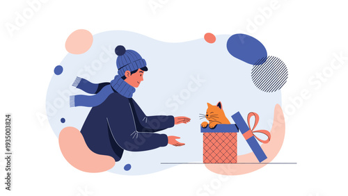 Young person wearing winter clothes giving an orange kitten in a gift box during a festive winter season celebration.