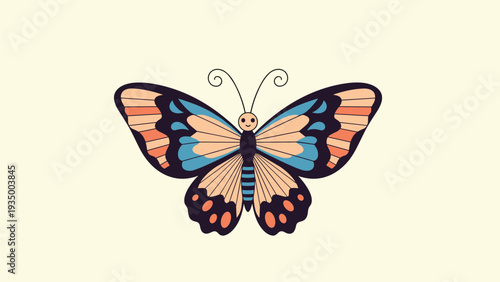 Beautiful butterfly with colorful orange and blue patterns on its wings centered against a soft cream colored background.